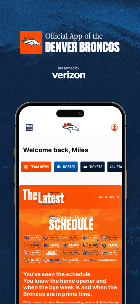 Denver Broncos - Home screen of the Denver Broncos official app showing the game schedule and quick access buttons for team news and tickets.
