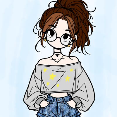 girl with a messy ponytail glasses a baggy crop top and jean shorts