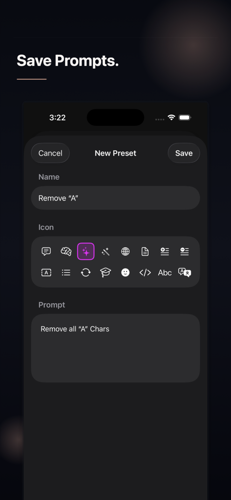 Interface of the TextNova app showing the creation of a new text transformation preset with a custom prompt and icon.