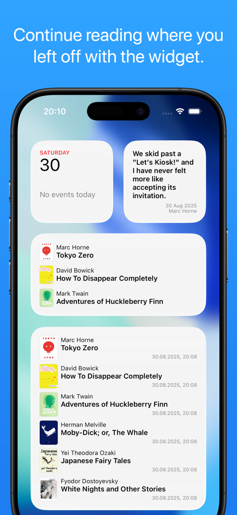 Yomu EBook Reader - Yomu EBook Reader Widgets auf dem Homescreen eines iPhones, die eine Leseliste und Buchzitate zeigen