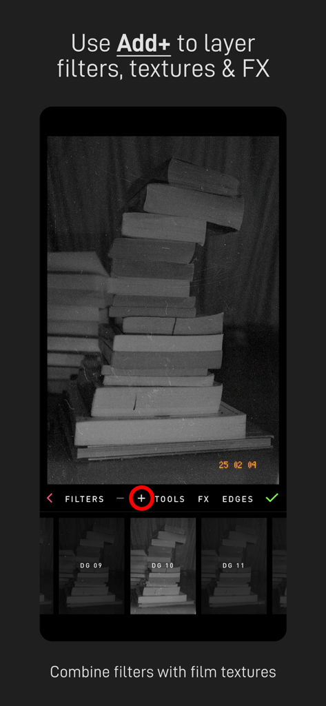 PICFX Picture Editor & Borders - PICFX app interface showing how to layer filters and film textures on a black and white photo