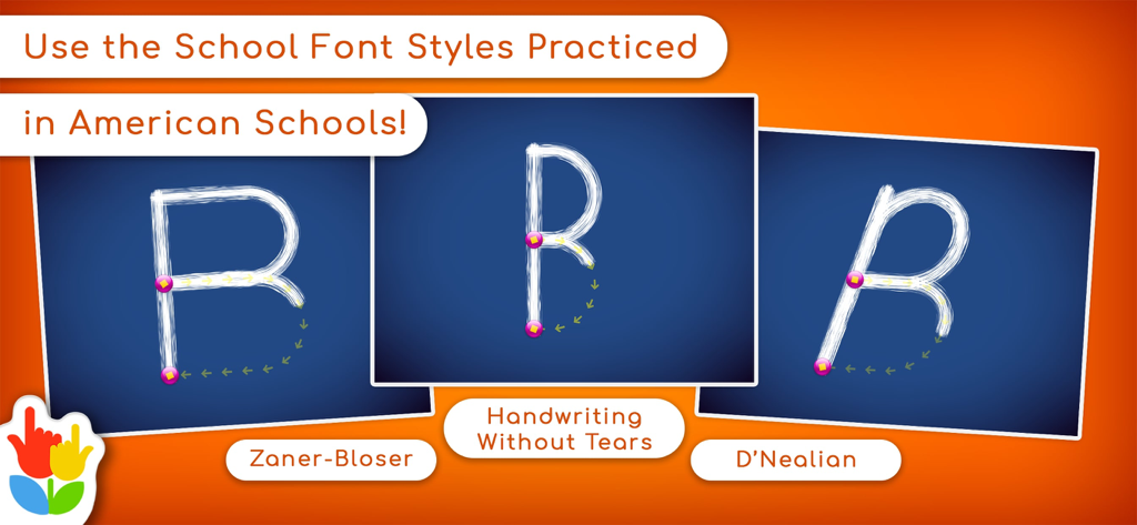 LetterSchool - Learn to Write! - Ein Vergleich des Buchstabens B, gezeichnet in den Schulschriftarten Zaner-Bloser, Handwriting Without Tears und D'Nealian.