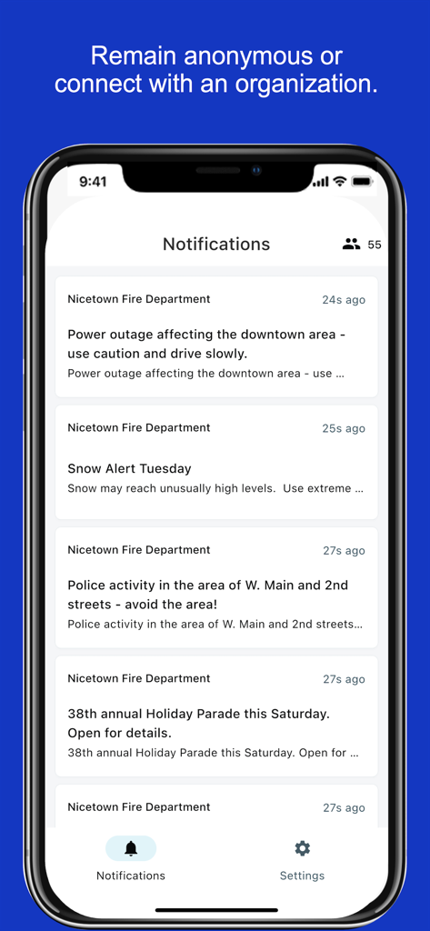 Notifications screen of the Public Safety by Everbridge app displaying official community alerts from the fire department about power outages and police activity.