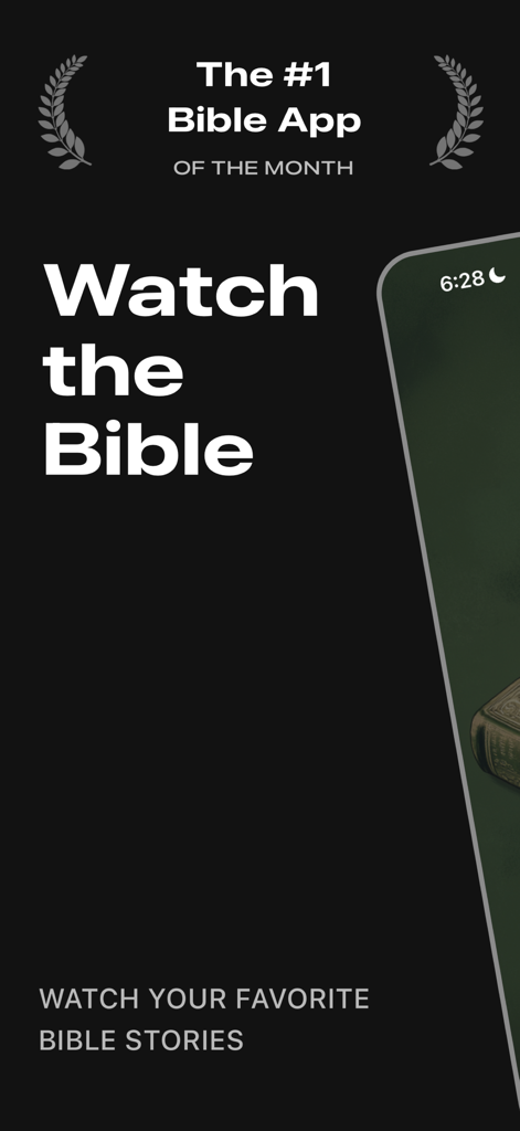 Faith - The Video Bible - Faith The Video Bible 앱의 소개 화면으로 '성경 시청' 헤드라인과 최고 성경 앱이라는 언급이 포함되어 있습니다.