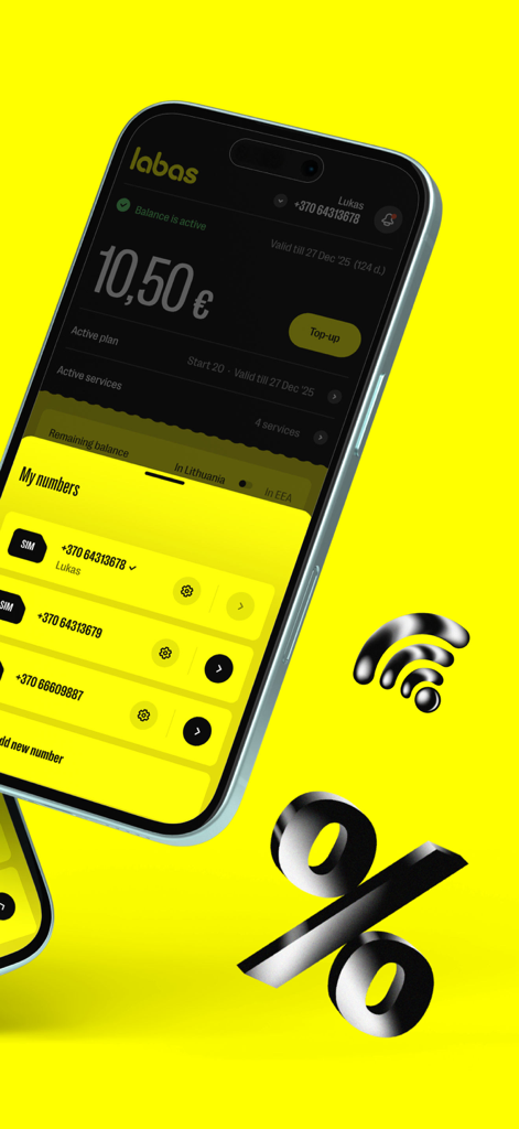 MANO LABAS - MANO LABAS app interface showing account balance and multiple managed mobile numbers