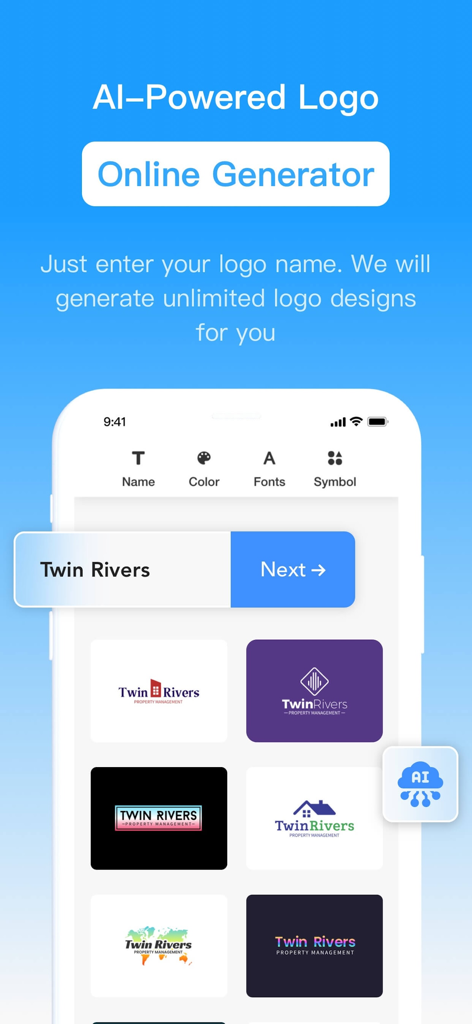 LogoAI Maker - Smartphone screen showing LogoAI Maker generating multiple logo designs for a property management brand.
