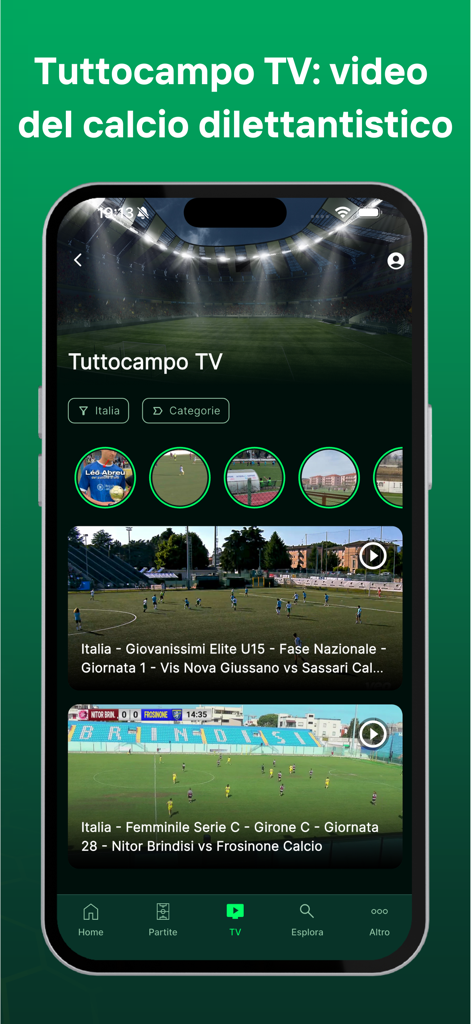 Tuttocampo - Tuttocampoアプリのインターフェース、アマチュアイタリアサッカーのビデオとハイライトを表示するTVセクションが表示されています