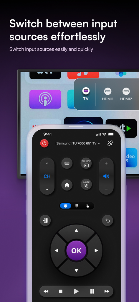 Interface do aplicativo Conectar TV Remoto mostrando o recurso para alternar entre fontes de entrada de TV como HDMI em um iPhone.