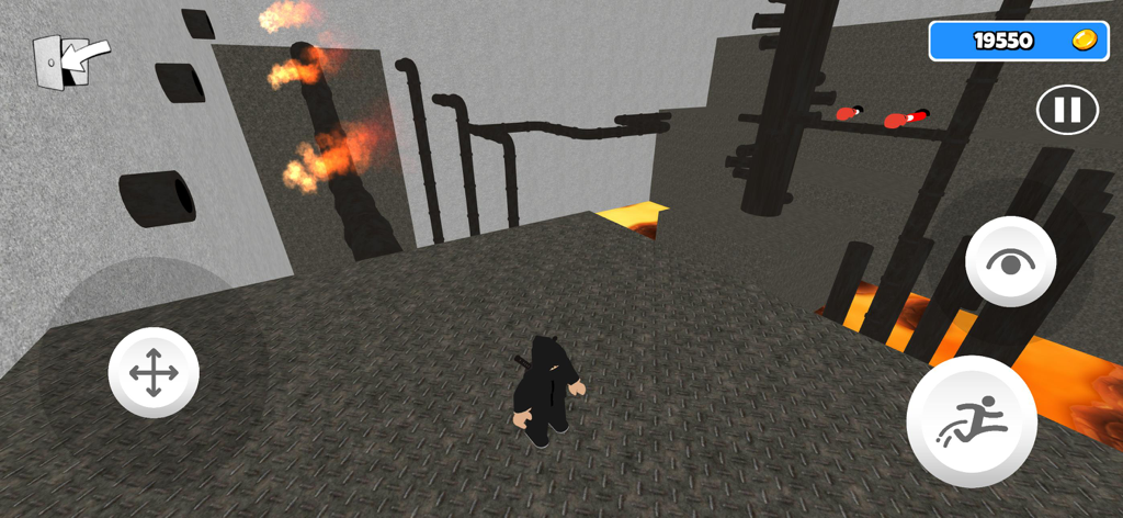 Escape Obby Prison - A character in a black outfit navigating fire and lava obstacles in a prison escape parkour game