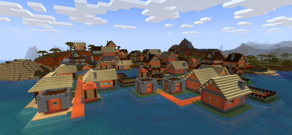 RealmCraft: mine & craft world - Un villaggio tentacolare con case di blocchi arancioni e passerelle costruite sull'acqua in RealmCraft