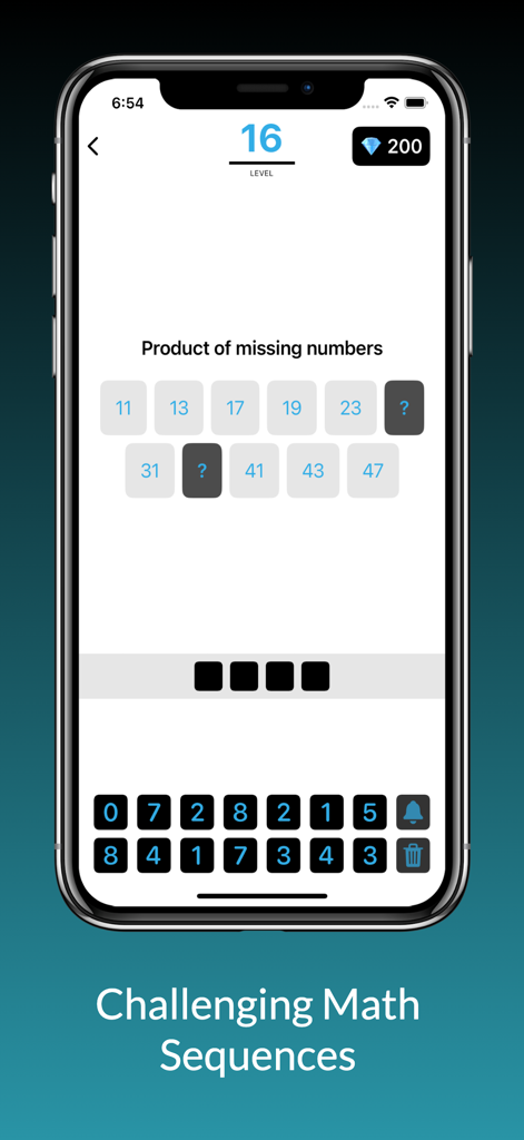 Screenshot of SequenQuiz mobile app showing a challenging math sequence puzzle level