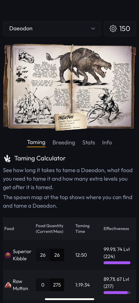 ARK Unity for ASA app screenshot showing the taming calculator for a Daeodon creature including food requirements and taming time