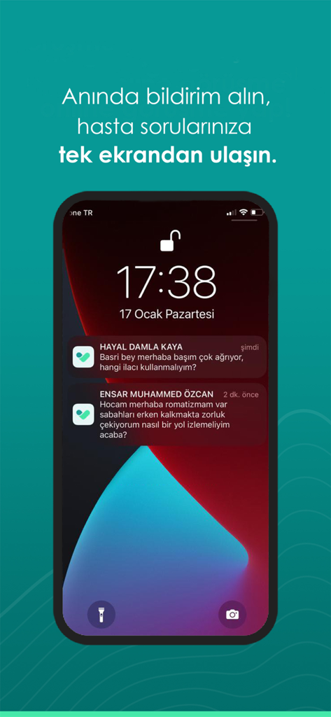 BK Doktor - Pantalla de bloqueo del smartphone que muestra notificaciones de mensajes instantáneos de pacientes de la aplicación BK Doktor