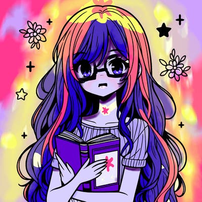 girl with long hair holding a book manga style
