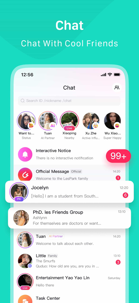 LesPark - Lesbian Community - Interfaz de la aplicación LesPark mostrando mensajes de chat y perfiles de la comunidad.