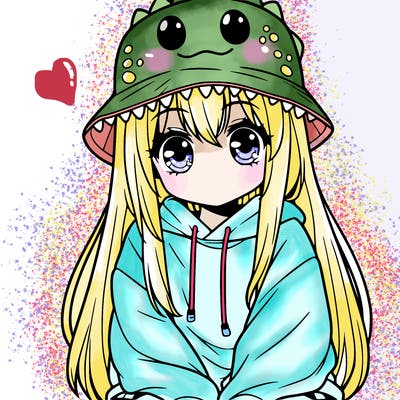 girl with anime shaped eyes with a dinosaur bucket hat oversized sweatshirt long straight hair
