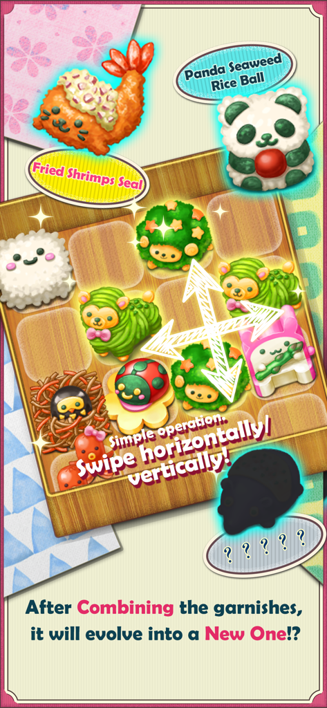 Fluffy and Soft! Cute Lunchbox - Gameplay screen of a cute bento box puzzle game where players merge animal-shaped food garnishes.