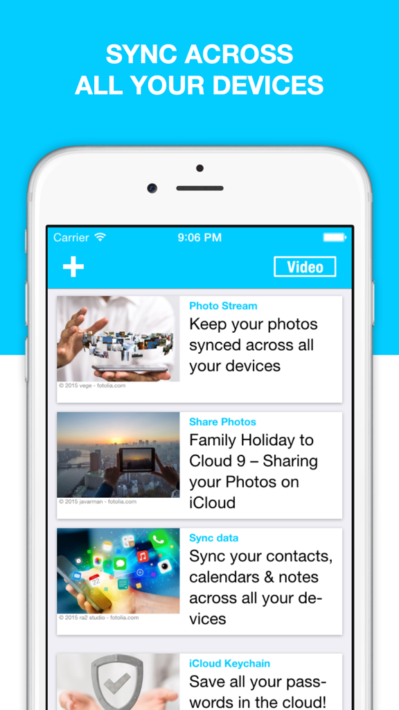 기기 간 사진 및 데이터 동기화 지침을 보여주는 Guide for iCloud 앱 인터페이스
