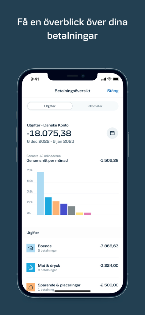 ダンスケ銀行Mobilbank SEアプリにおける月間支出概要。支出チャートとカテゴリを表示。