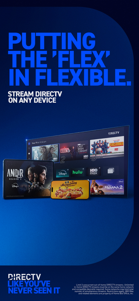 DIRECTV streaming interface shown across a television tablet and phone
