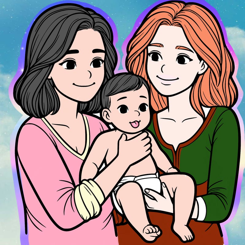 two realistic women holding one baby together