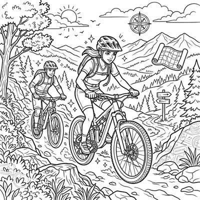 Hit the trails for an exciting vacation with this mountain bikers coloring page! Depicting two adventurers on a scenic off-road journey, this design brings the thrill of discovery to your fingertips.