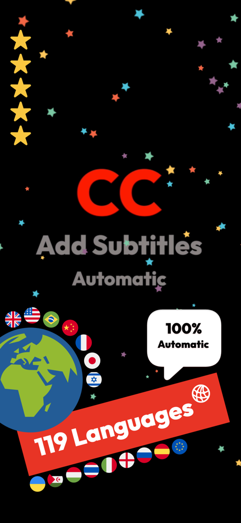 Screenshot der Untertitel AI App, der automatische Untertitel in 119 Sprachen mit einem Globus und internationalen Flaggen bewirbt