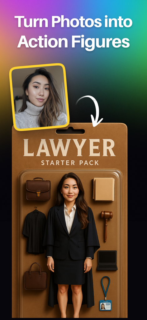 Crisp - AI Photo Enhancer - AI-generated image showing a portrait transformed into a custom lawyer action figure starter pack