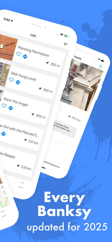 Bristol Tour Map of Banksy - Interface of the Bristol Tour Map of Banksy app showing a list of artwork locations and distances