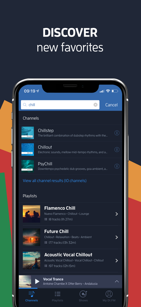 A search for chill electronic music showing various channels and playlists in the DI.FM app interface.