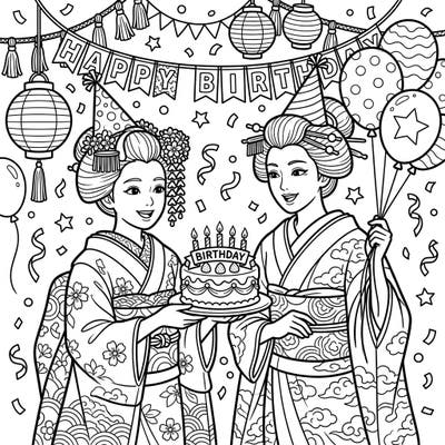 Step into a world where traditional Japanese elegance meets festive birthday joy! This delightful coloring page features two beautiful Geisha or Maiko characters celebrating amidst balloons, cake, and confetti, ready for your creative touch.
