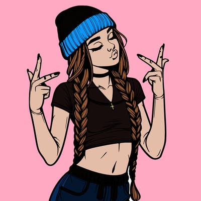 realistic teenage girl with braids and a beanie and crop top doing 🫶🏼