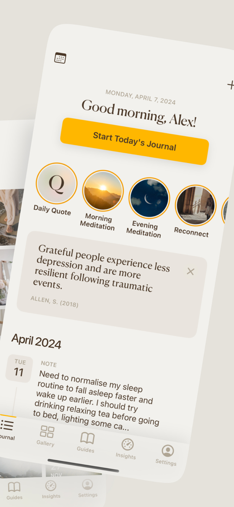 Mobile dashboard of the 5 Minute Journal app showing a morning greeting and daily meditation features
