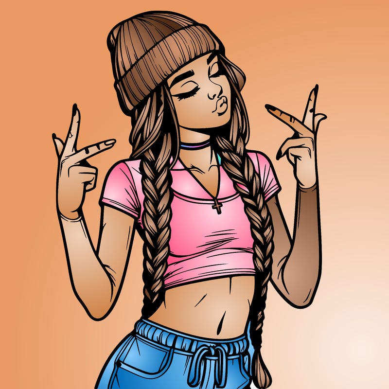 realistic teenage girl with braids and a beanie and crop top doing 🫶🏼