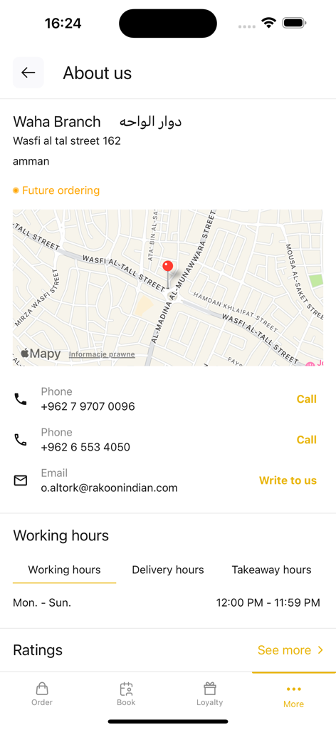 Rakoon Restaurants - Rakoon Restaurants about us page displaying Waha branch location and working hours