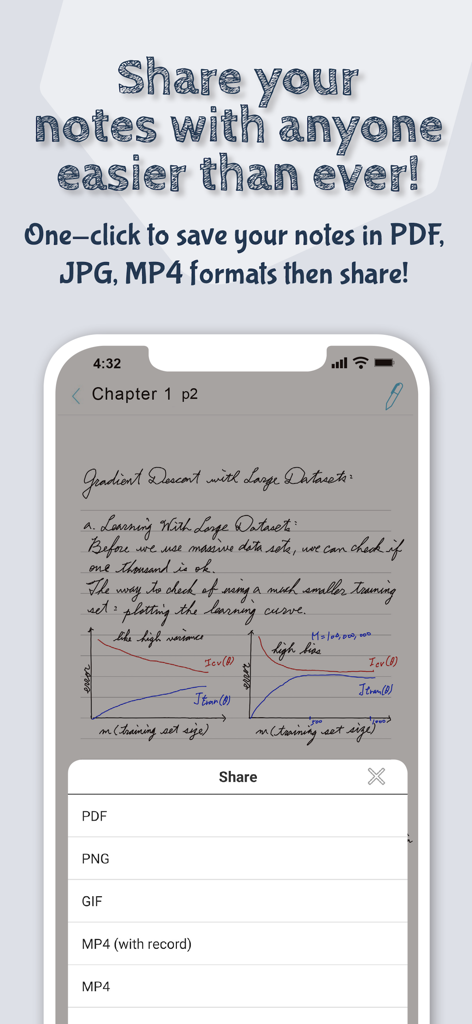 Ophaya Pro+ - Interface of Ophaya Pro app showing options to share handwritten notes in PDF and MP4 formats