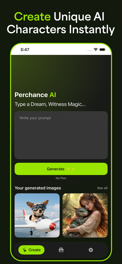 Interface of the Perchance AI app showing a text to image prompt box and generated examples of a dog in a plane and a girl with a dragon