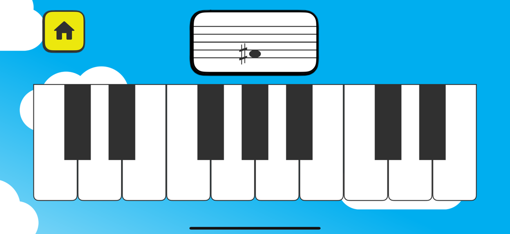 Clavier de piano interactif avec portée musicale et notes sur fond de ciel bleu