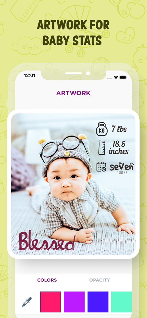 A baby photo with weight height and age stats artwork in the Baby Art app editor