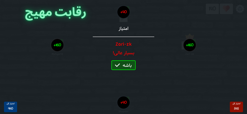 A scoring summary screen in the Boresh card game showing points awarded to four players during an online Hokm match.