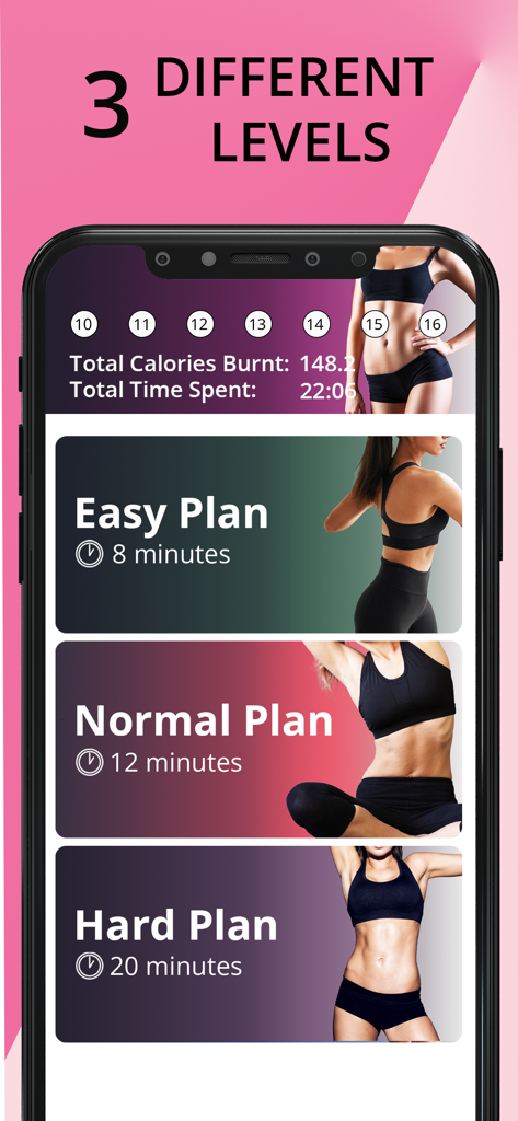 Lose Belly Fat in 30 Days - A mobile screen showing easy normal and hard workout plans with different durations for fat loss