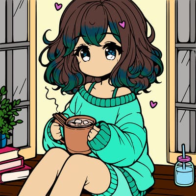 cute anime girl reading book and drinking hot chocolate from mug with loose wavy hair wearing a baggy sweatshirt and shorts sitting by windowsill looking out