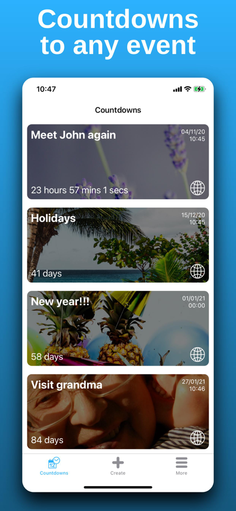 Countdown with widget - Mobile app interface showing multiple aesthetic event countdowns for meetings holidays and celebrations
