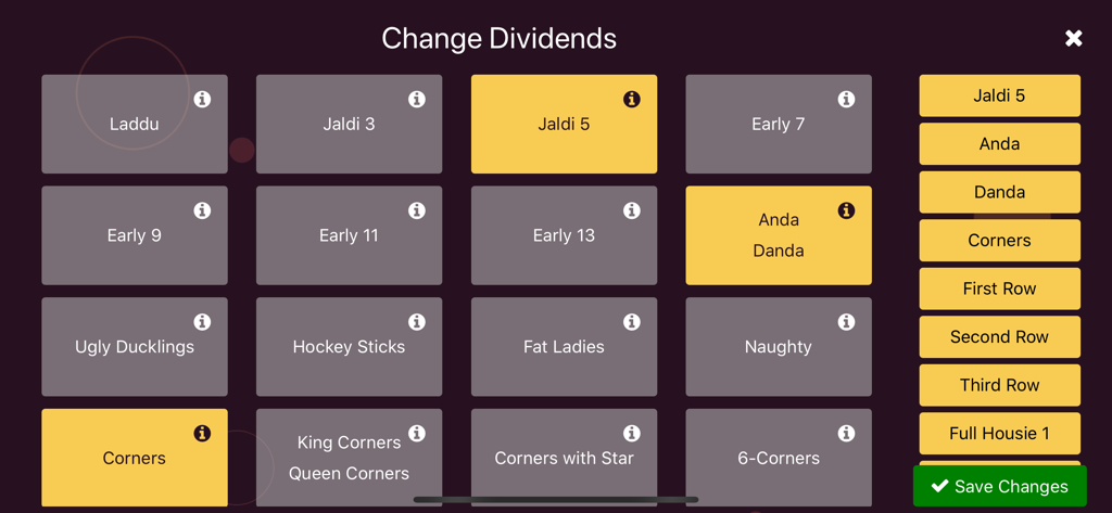 Online Tambola - Paperless - Interface showing various Tambola game winning combinations and dividend settings.