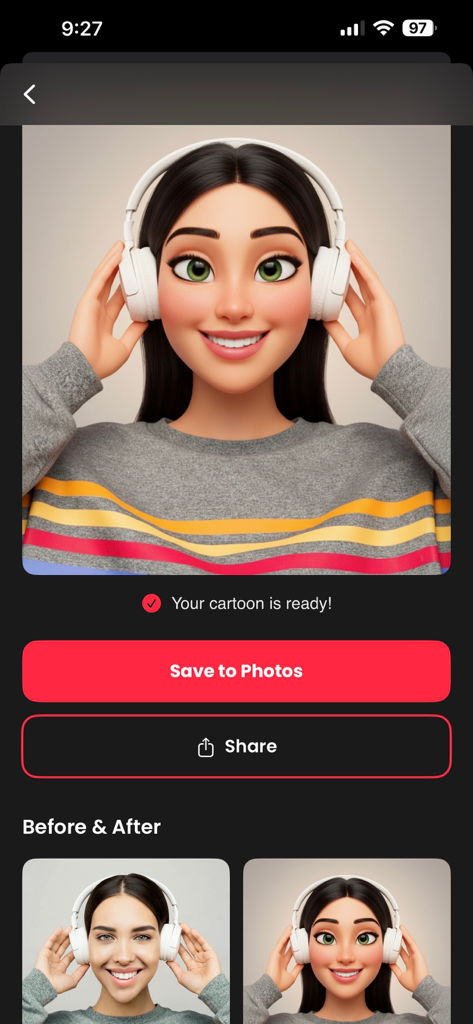 Retoon: Cartoon Photo Editor - Retoon app screen displaying a 3D cartoon avatar result and before and after photos