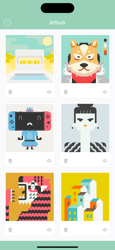 A digital gallery view in the New Pixels app displaying various colorful geometric and pixel art illustrations like a fox character and stylized landscapes.