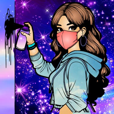 realistic girl with mask spray painting a wall