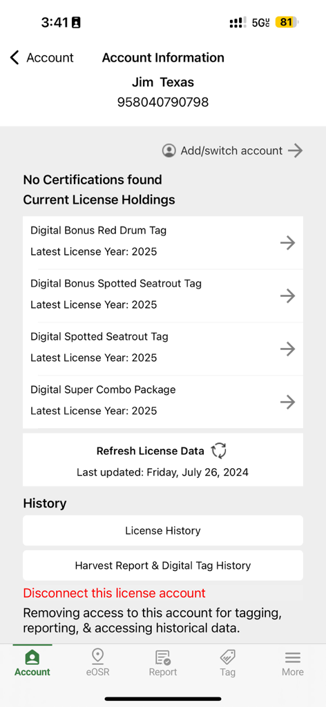 Texas Hunt and Fish app account screen showing current digital license holdings including red drum and spotted seatrout tags.