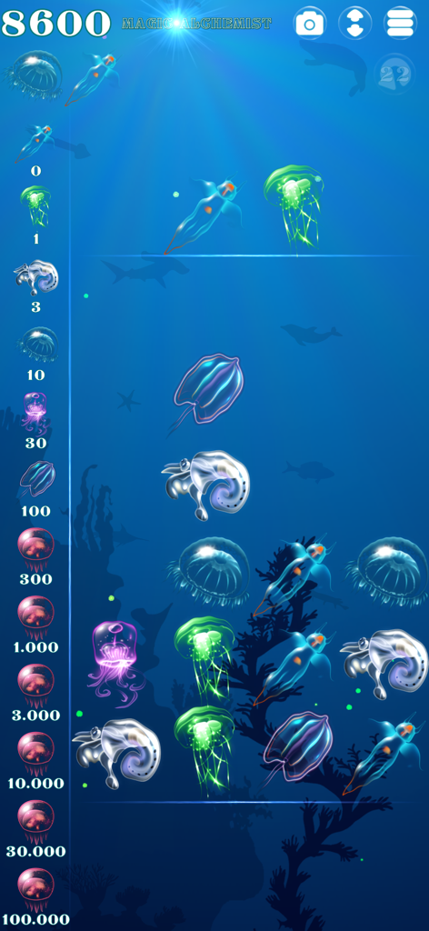 Jugabilidad de Magic Alchemist Under the Sea que muestra medusas luminosas y criaturas marinas en un rompecabezas submarino de color azul profundo.