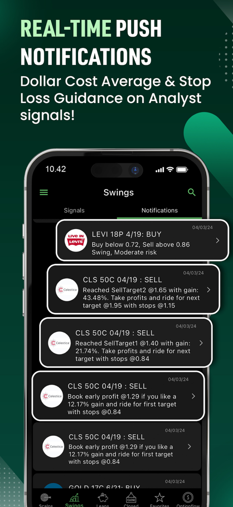 Option Signals - Live Alerts - Mobile app interface showing real-time push notifications for stock option trade signals and analyst guidance